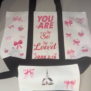 You Are So Loved Pink & White Tote with Matching Pouch